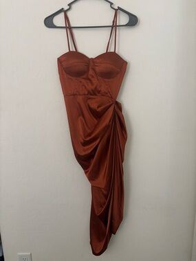Shero Rust Satin Draped Midi Dress XS